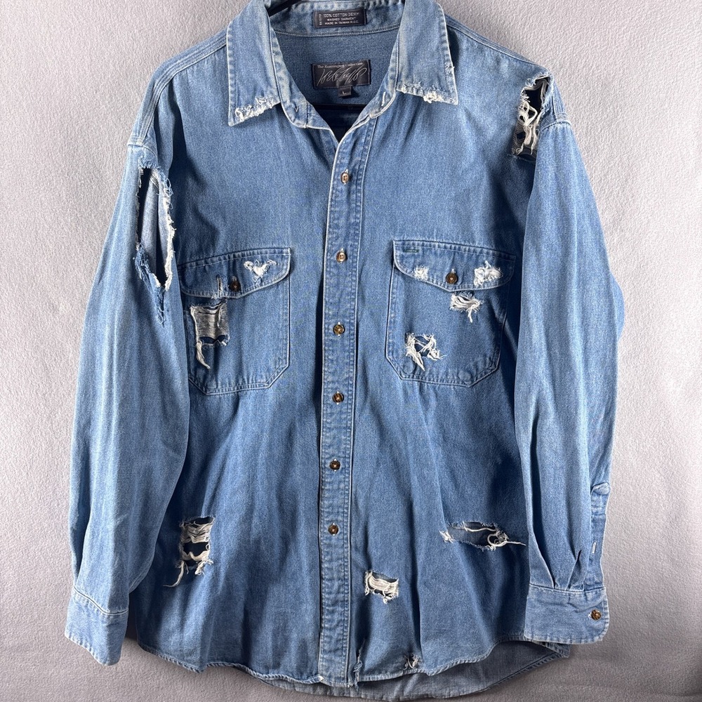 Vintage Denim Button Down Shirt Large Distressed Ripped Torn Lord & Taylor